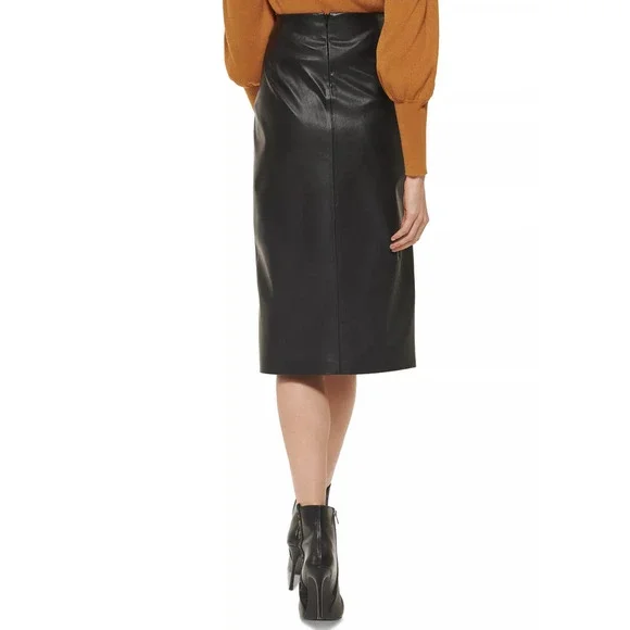 DKNY Women's Faux-Leather Ruched-Side Midi Skirt Size 6
